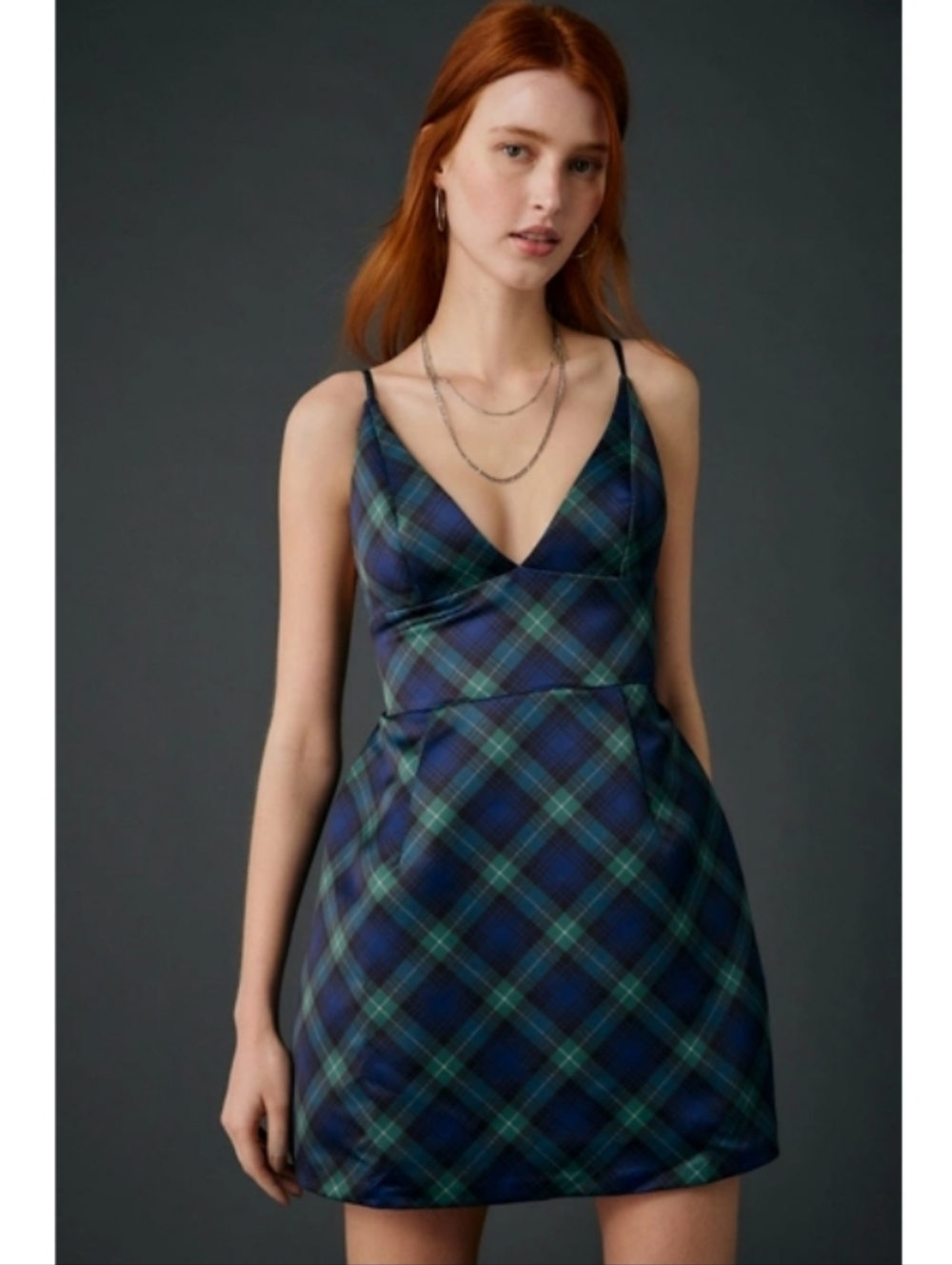 NWT Kimchi Petit Fours Plaid Satin Mini Dress in Navy and Green ■ Size M